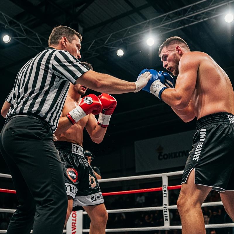 Arbitre intervenant avec un geste autoritaire pour séparer deux kickboxeurs en clinch sur le ring sous un éclairage intense
