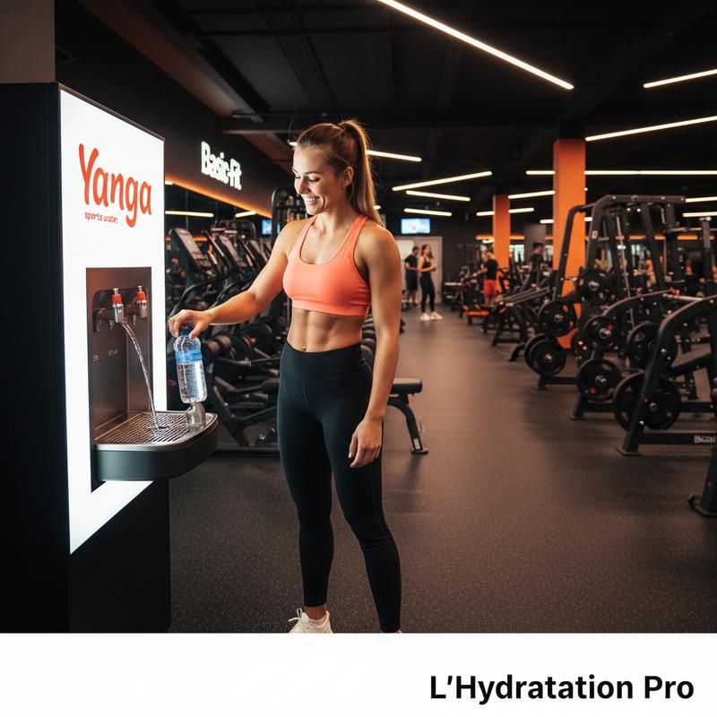 Athlète souriant remplissant sa gourde à une fontaine Yanga Sportswater dans une salle de sport Basic-Fit, avec le texte L'Hydratation Pro en bas à droite