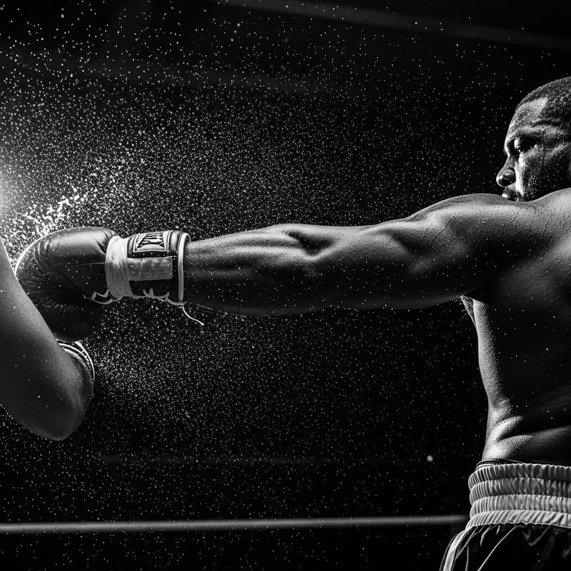 Photographie noir et blanc en contre-plongée d'un boxeur poids lourd assenant un coup puissant, avec projection de sueur sous un éclairage dramatique