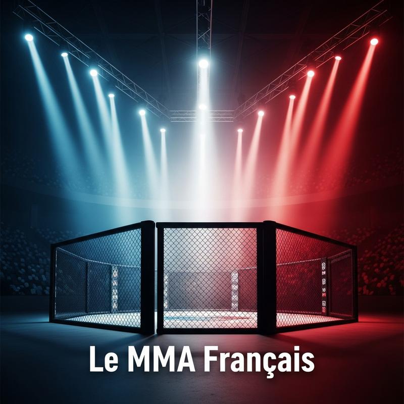 Cage de MMA vide éclairée par des projecteurs aux couleurs du drapeau français avec le texte superposé Le MMA Français