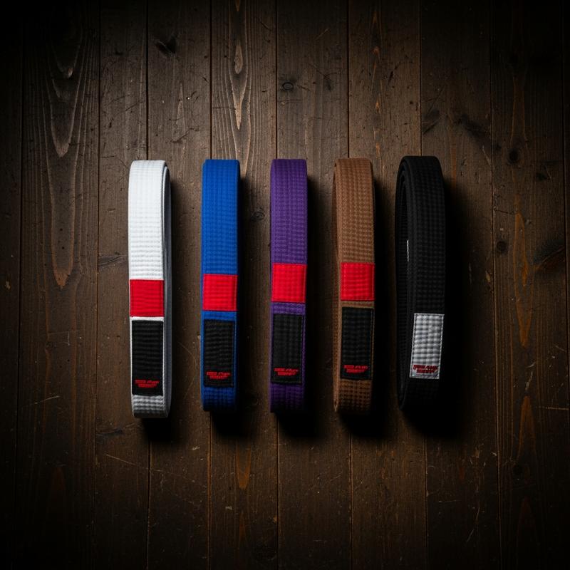 Cinq ceintures de Jiu-Jitsu Brésilien alignées horizontalement sur un sol en bois sombre, allant de la blanche à la noire pour illustrer la progression des grades