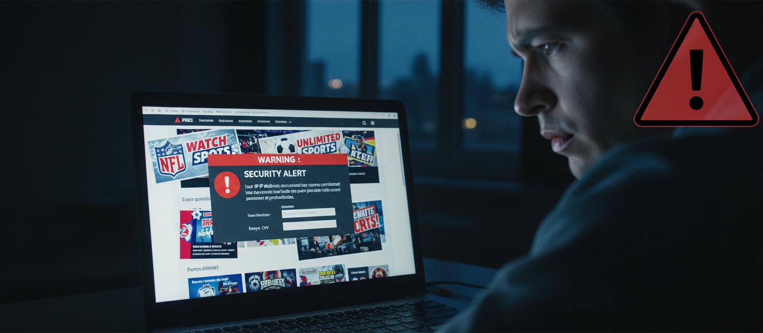 Vue par-dessus l'épaule d'un utilisateur inquiet face à un écran affichant un clone frauduleux de site de streaming type Streamonsport saturé de pop-ups, avec un triangle rouge d'avertissement en surimpression