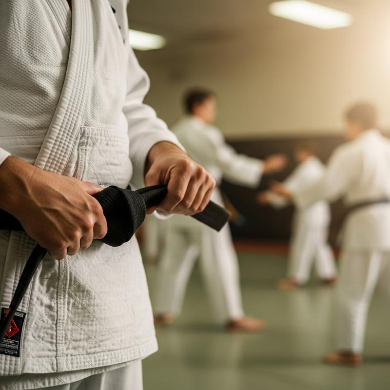 Gros plan sur les mains d'un coach nouant sa ceinture noire usée sur un kimono blanc, avec un dojo flou en arrière-plan