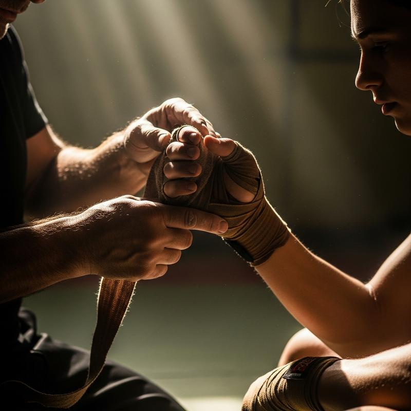 Gros plan sur un coach expérimenté réalisant les bandages des mains d'un jeune combattant de MMA dans une salle à l'éclairage tamisé