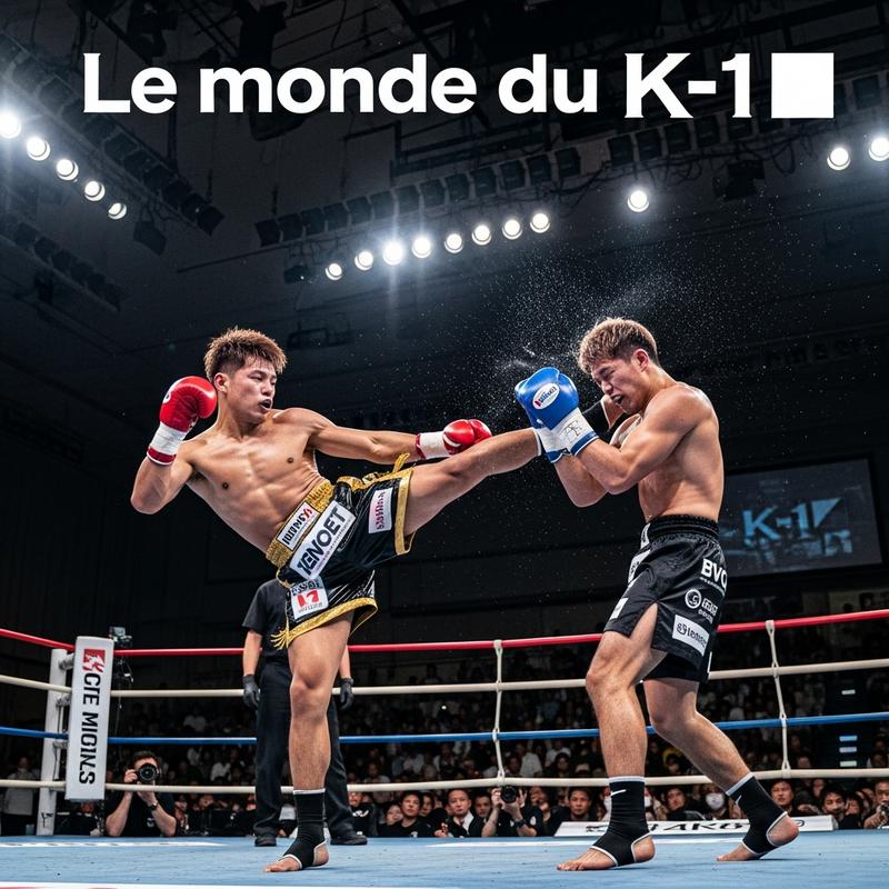 Combat cinématique de K-1 dans une arène : un kickboxeur porte un high-kick spectaculaire bloqué par son adversaire, avec le texte Le monde du K-1 affiché en haut