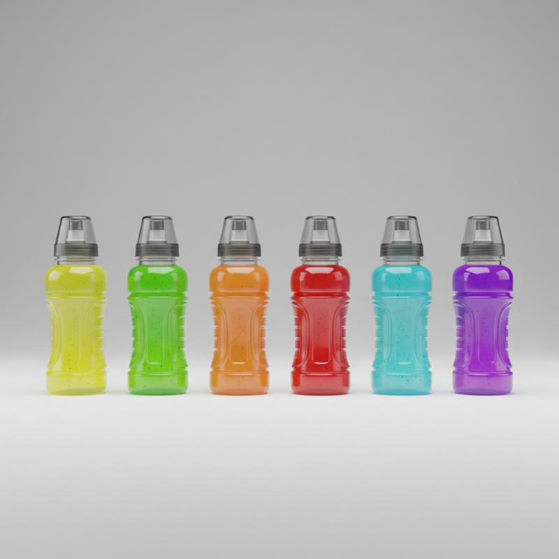 Alignement de six bouteilles de sport transparentes remplies des liquides colorés vifs des saveurs Yanga (jaune, vert, orange, rouge, bleu, violet)