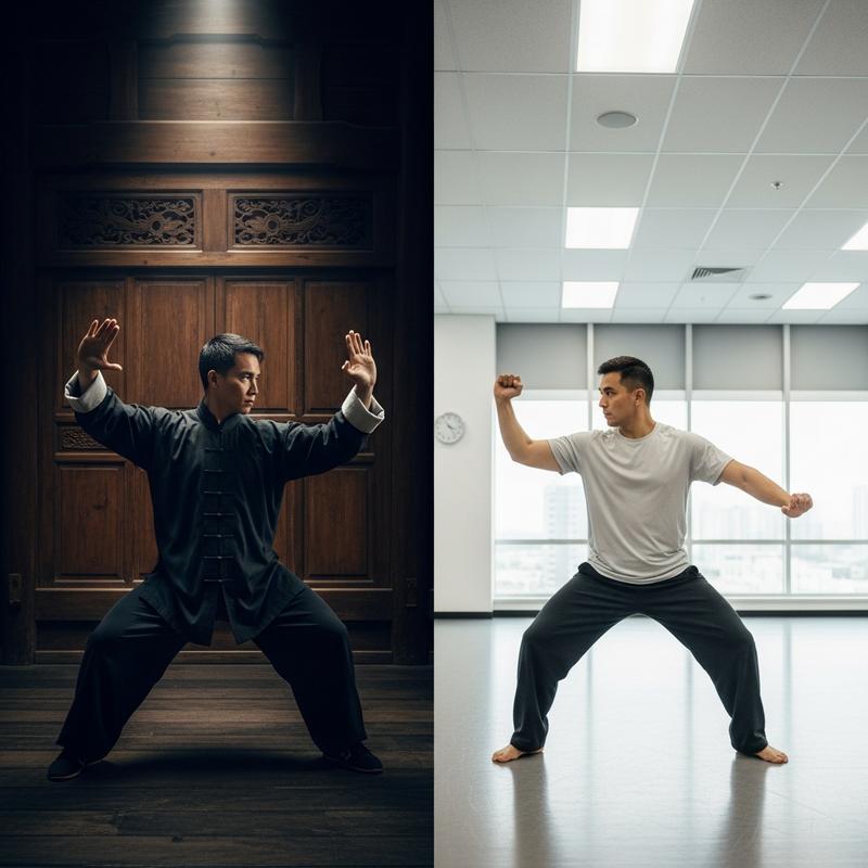 Mise en scène en écran scindé opposant un pratiquant de Wing Chun dans un dojo traditionnel sombre à un pratiquant de Wing Tsun dans une salle moderne lumineuse avec le texte Wing Chun ou Wing Tsun
