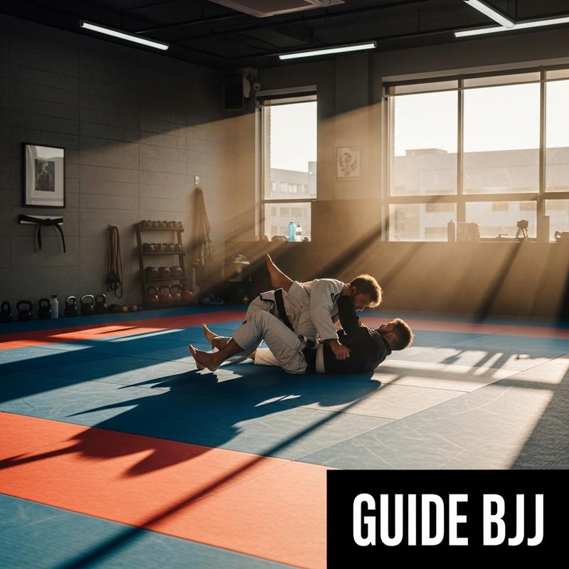 Deux athlètes en kimonos blanc et noir en plein combat au sol sur des tatamis dans un dojo moderne ensoleillé, avec le texte superposé Guide BJJ.