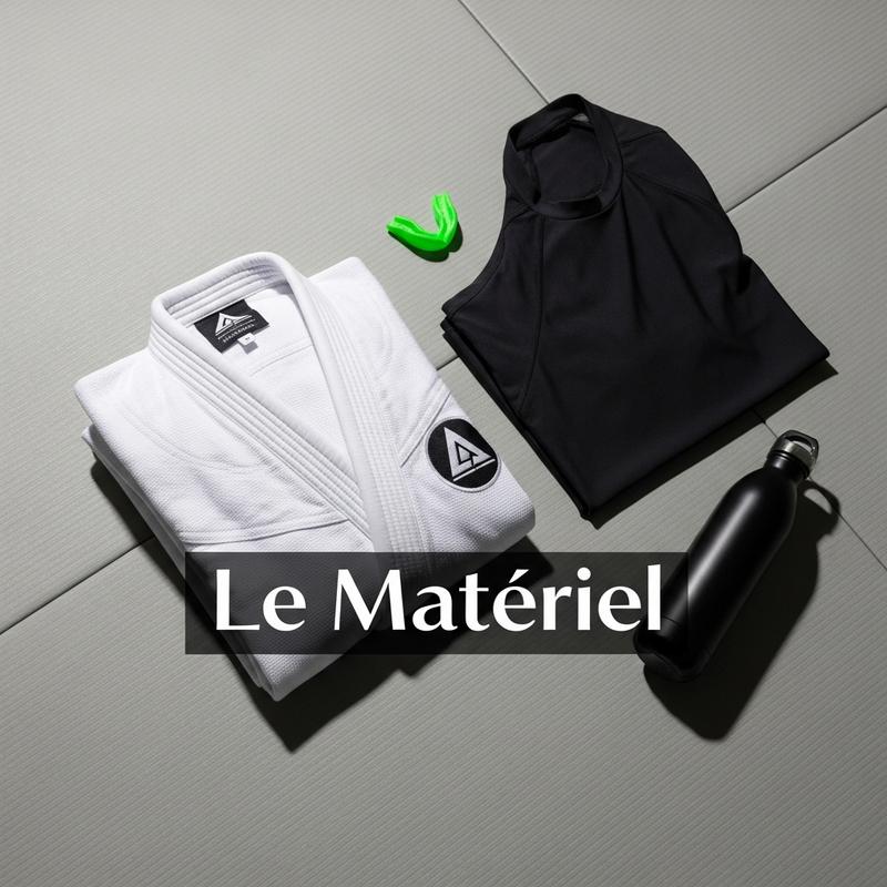Vue à plat d'un kimono blanc, rashguard noir, protège-dents et gourde sur un tatami gris avec le texte Le Matériel