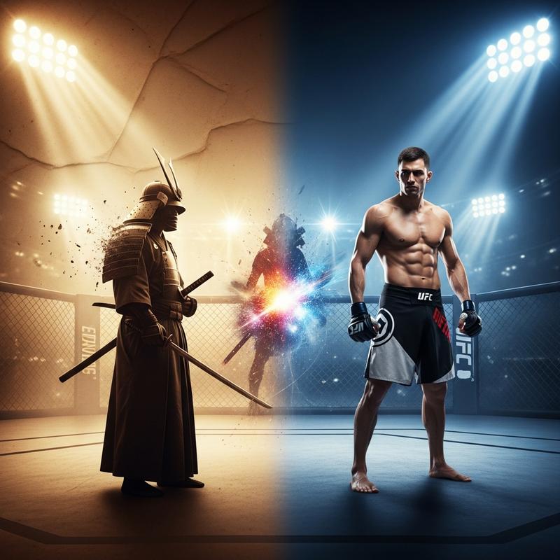 Transition artistique montrant une silhouette de samouraï sépia évoluant vers un combattant de MMA moderne dans un octogone éclairé