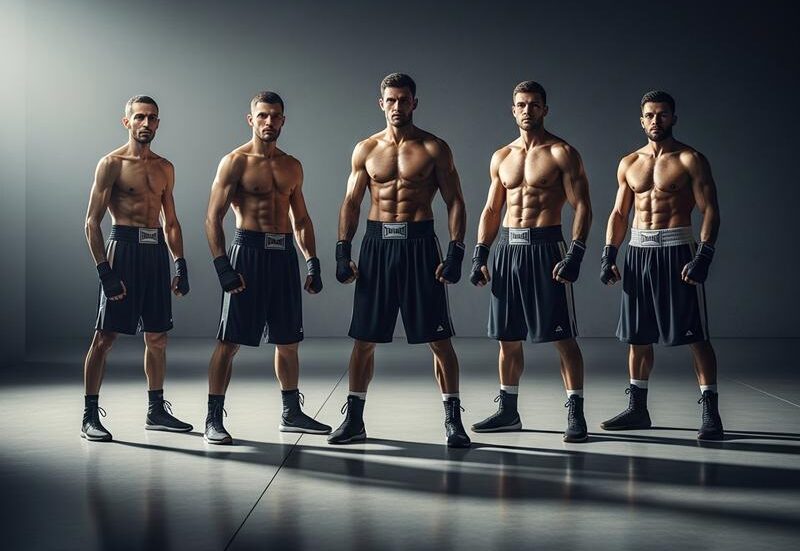 Alignement de cinq boxeurs de gabarits différents illustrant les catégories de poids, avec le titre Le Guide des Catégories en superposition