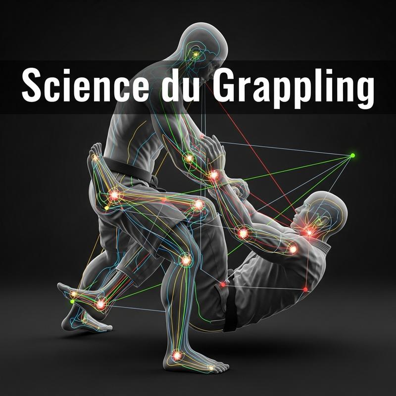 Illustration 3D technique d'une clé de bras en Jiu-Jitsu avec lignes de force néon et la mention Science du Grappling