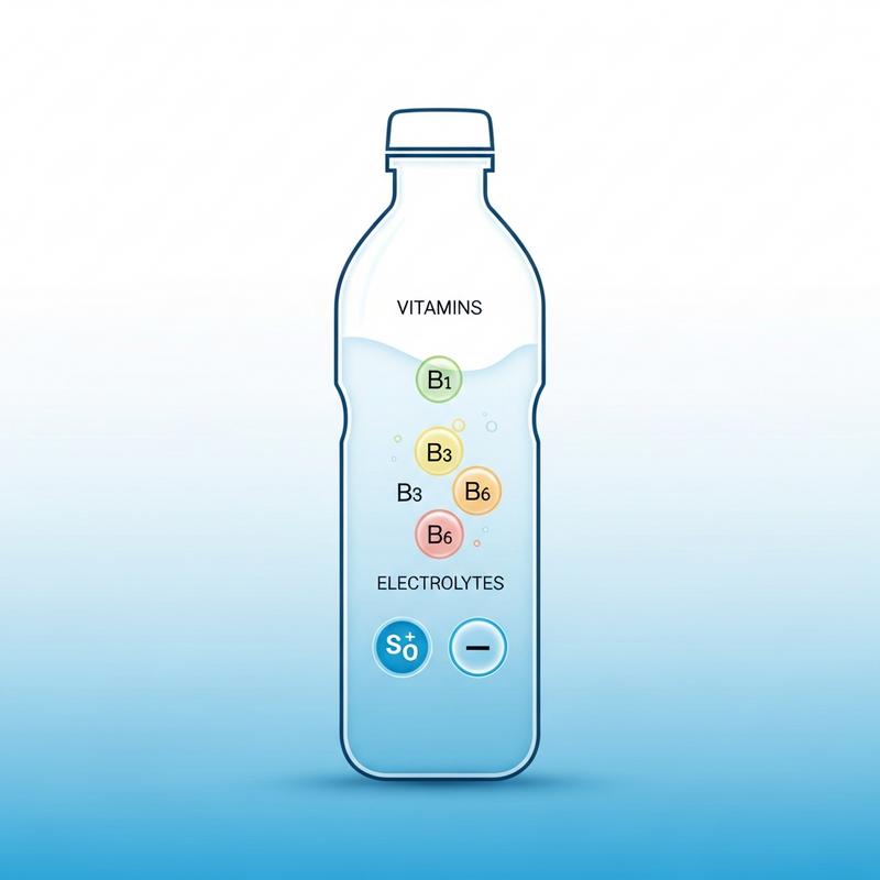 Infographie minimaliste montrant une bouteille stylisée en coupe avec des icônes de vitamines B1, B3, B6 et électrolytes sur fond bleu dégradé
