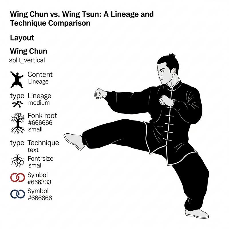 Infographie minimaliste comparant le Wing Chun et le Wing Tsun avec deux silhouettes de pratiquants dos à dos sur fond gris neutre