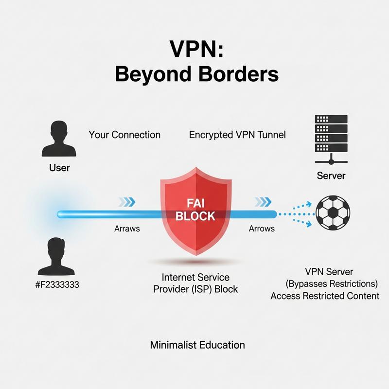 Schéma minimaliste montrant une connexion VPN contournant un bouclier rouge de blocage FAI pour accéder à un serveur de streaming sportif