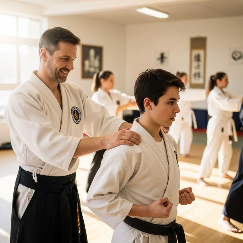 Instructeur d'arts martiaux ajustant avec bienveillance la posture d'un élève débutant dans une salle de cours lumineuse