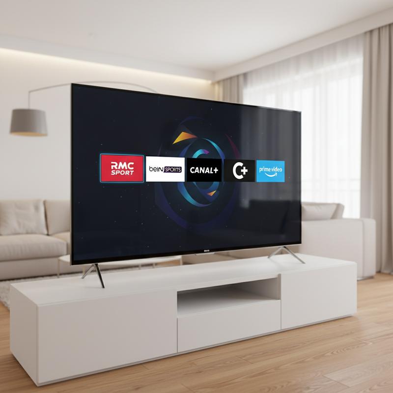 Smart TV affichant une grille d'applications de streaming sportif avec les logos visibles de RMC Sport, beIN SPORTS, Canal+ et Prime Video