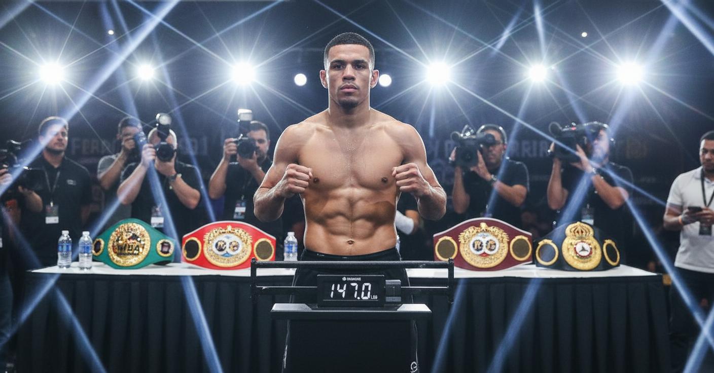 Boxeur déterminé sur la balance lors d'une pesée officielle, avec les ceintures de champion WBA, WBC, IBF et WBO visibles en arrière-plan sous les flashs