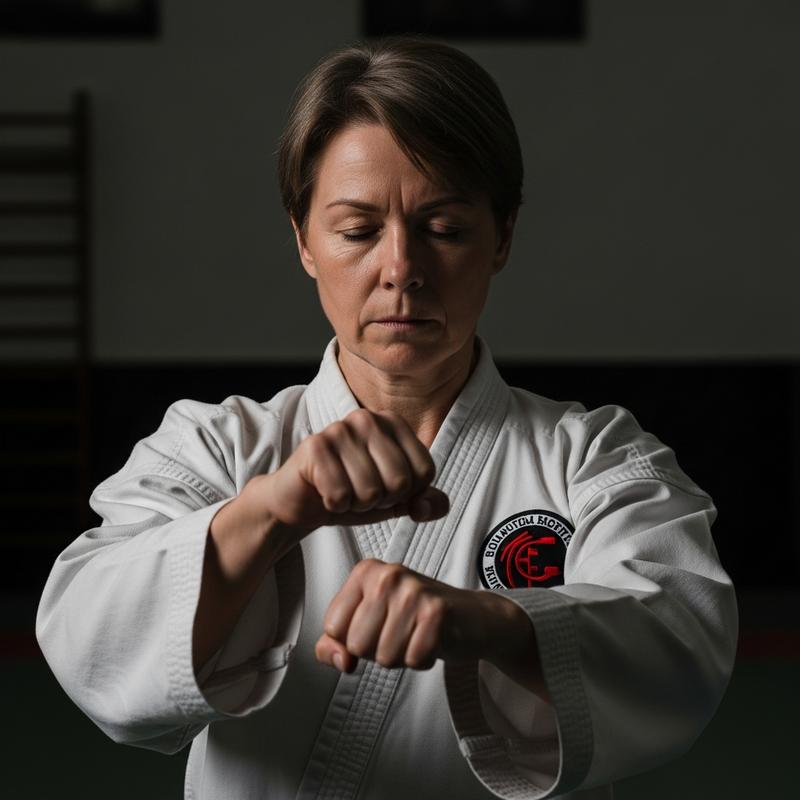 Pratiquant de Wing Chun en gros plan effectuant le mouvement Tan Sau de la forme Siu Nim Tao dans un dojo sombre