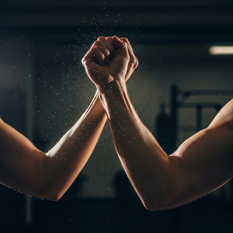 Gros plan en contre-plongée sur les avant-bras entrelacés de deux pratiquants de Chi Sao, avec des gouttes de sueur visibles sous un éclairage dramatique