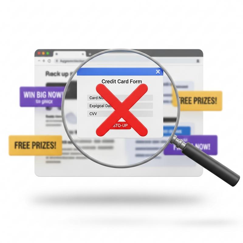 Rendu 3D d'une loupe focalisée sur un pop-up web frauduleux demandant des coordonnées bancaires, marqué d'une croix rouge explicite