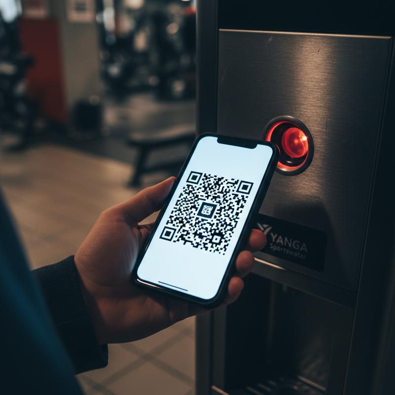 Gros plan d'une main présentant un QR code sur smartphone devant le scanner lumineux d'une borne Yanga Sportswater