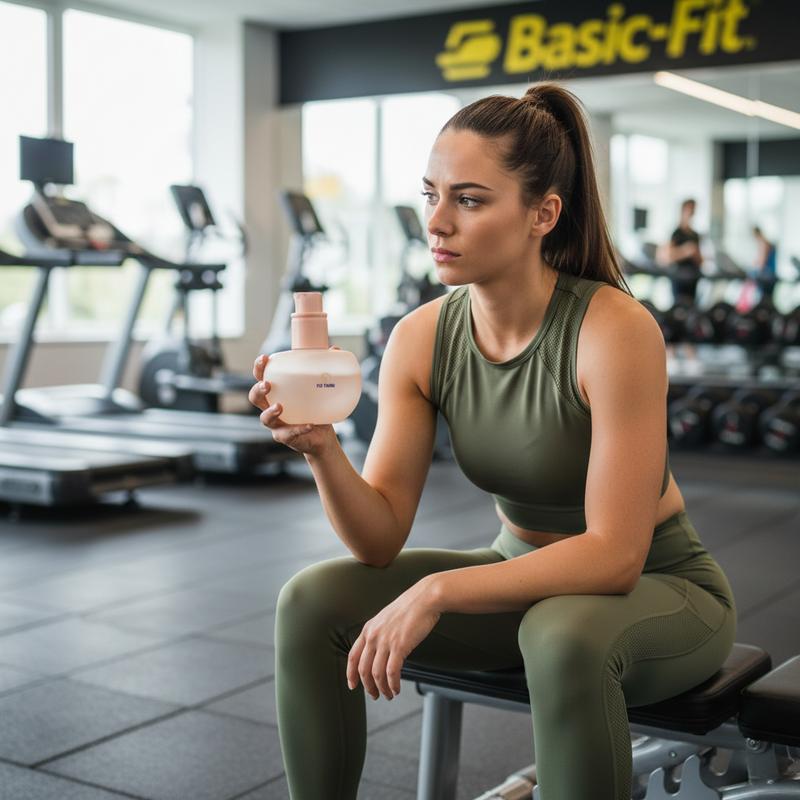 Sportif en tenue assis sur un banc de musculation regardant sa bouteille d'eau Yanga Sportswater dans une salle Basic-Fit