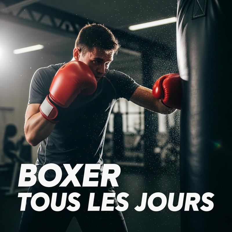 Athlète en sueur frappant un sac de boxe noir avec des gants rouges, avec le texte Boxer Tous Les Jours.