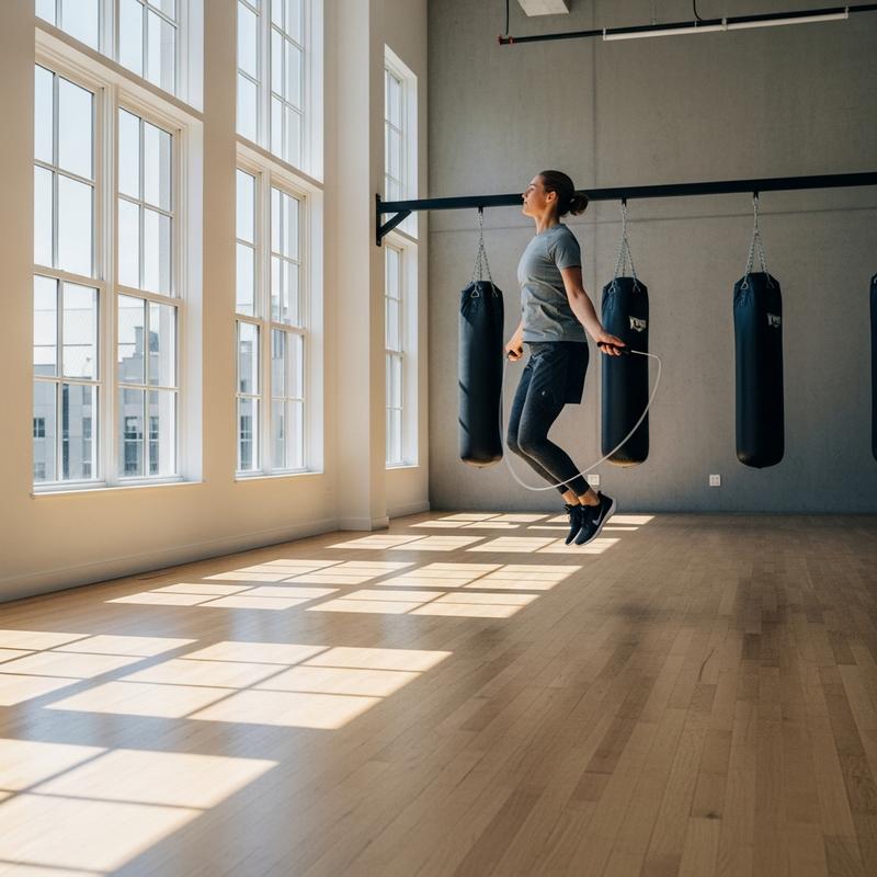 Athlète en plein saut à la corde dans une salle de boxe moderne et lumineuse, avec des sacs de frappe en arrière-plan.
