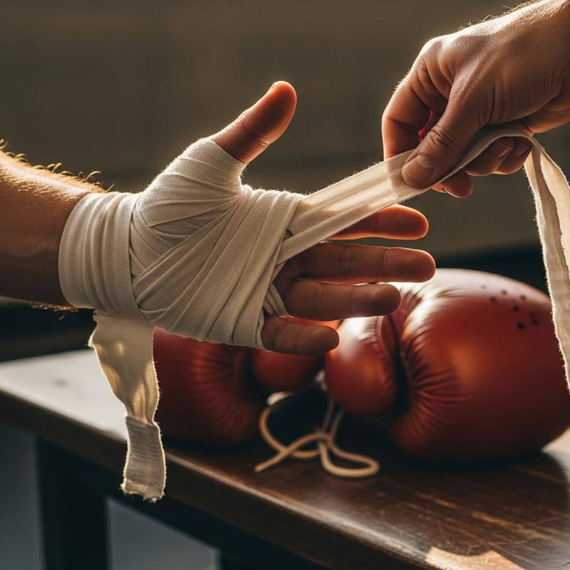 Gros plan sur les mains d'un athlète enroulant des bandages blancs autour de ses articulations, gants de boxe en cuir en arrière-plan flou sur un banc. Texte superposé : Sécurité Avant Tout.