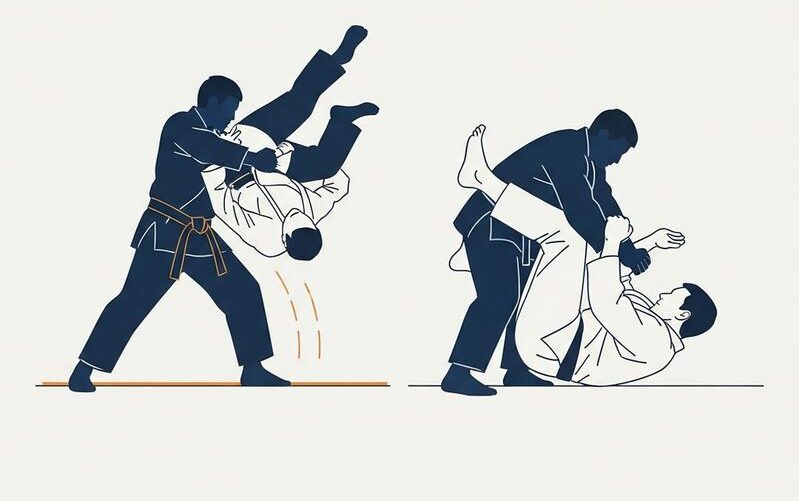 Illustration minimaliste montrant une projection debout à gauche et deux pratiquants de jiu-jitsu luttant au sol à droite, en tons bleu foncé et gris chaud.