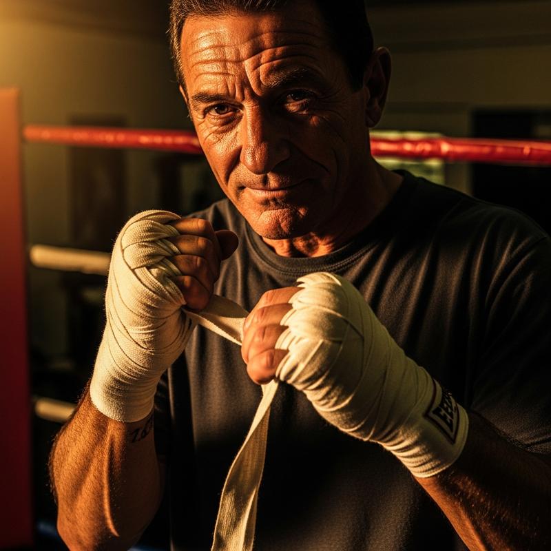 Entraîneur de boxe confiant ajustant ses bandages blancs devant un ring flou. Texte superposé : Coach Expert.