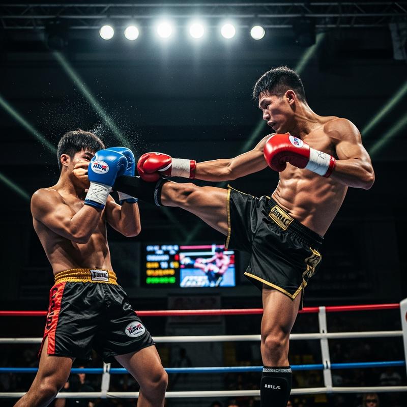 Deux kickboxeurs en plein échange avec un high kick bloqué dans une arène illuminée. Texte superposé : L'Art du K-1.