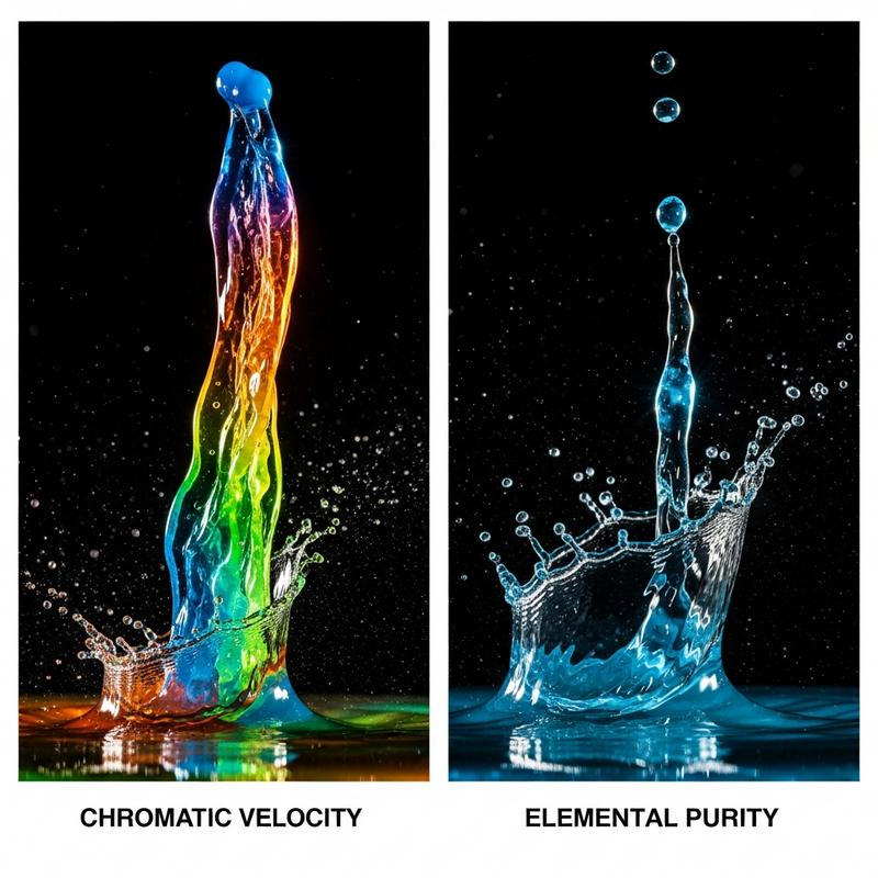 Macro divisée : éclaboussure d'eau sportive colorée à gauche, et cuillère métallique versant de la poudre BCAA dans l'eau claire à droite, sur fond sombre.