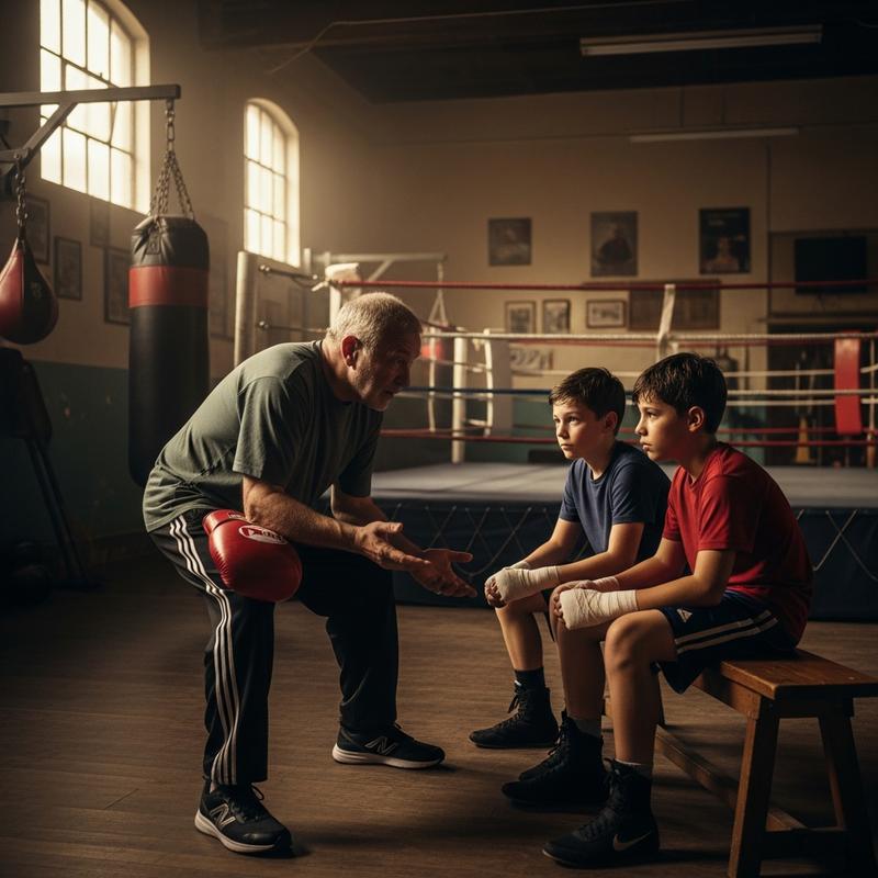 Entraîneur de boxe âgé vu de dos conseillant deux jeunes boxeurs attentifs dans une salle authentique avec ring
