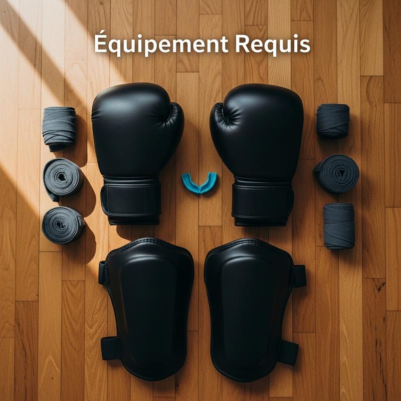 Vue de dessus de gants de boxe noirs, protège-tibias et bandages sur un parquet avec la mention Équipement Requis.