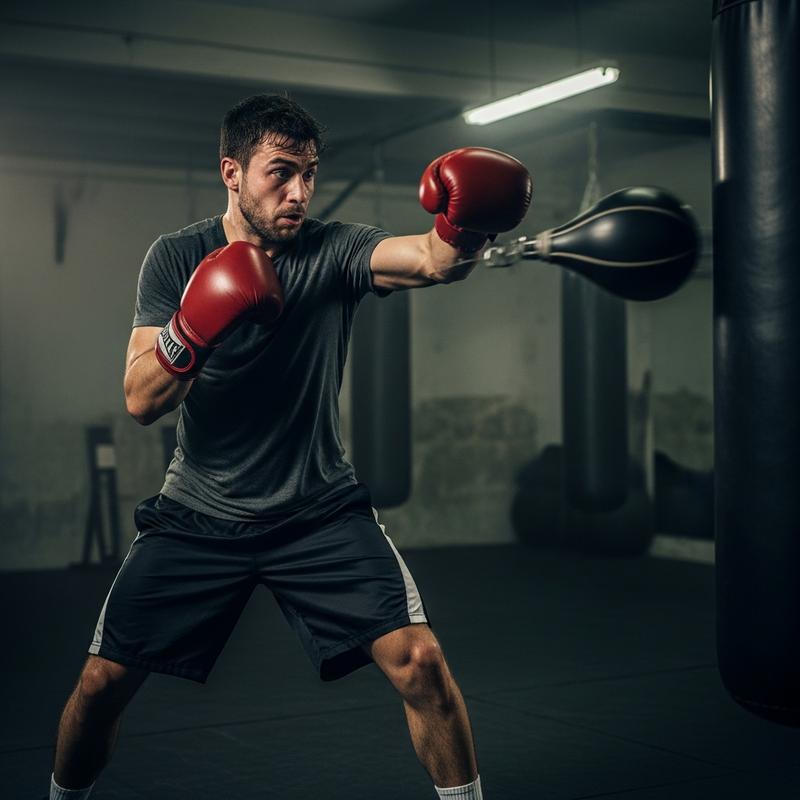 Boxeur amateur en sueur et déséquilibré ratant une poire de vitesse, avec le texte Erreur de Débutant en superposition