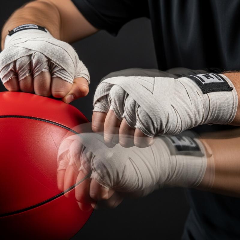 Gros plan dynamique sur des poings bandés frappant un sac de vitesse rouge avec un effet stroboscopique, superposé du texte Le Rythme 1-2-3