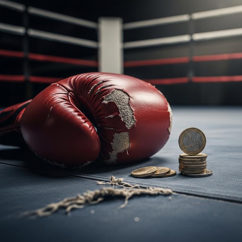 Gant de boxe usé posé sur le tapis d'un ring sombre à côté d'une petite pile de pièces en euros