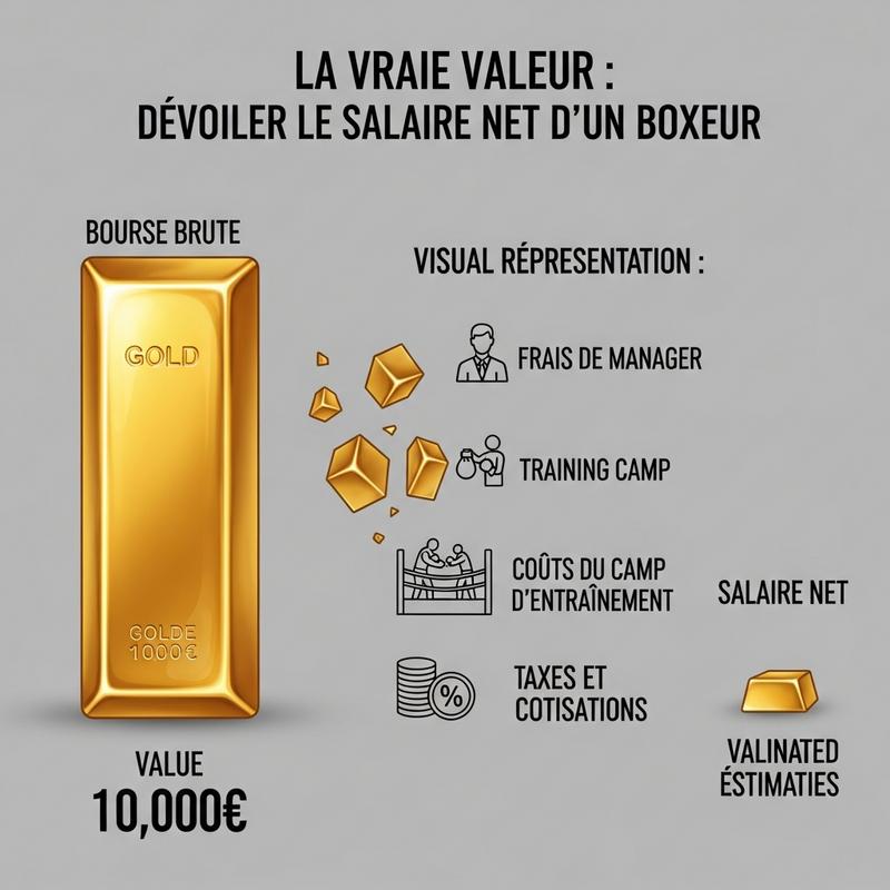 Infographie montrant un grand lingot d'or de 10 000 euros réduit par des icônes de frais pour finir en un minuscule lingot représentant le salaire net.