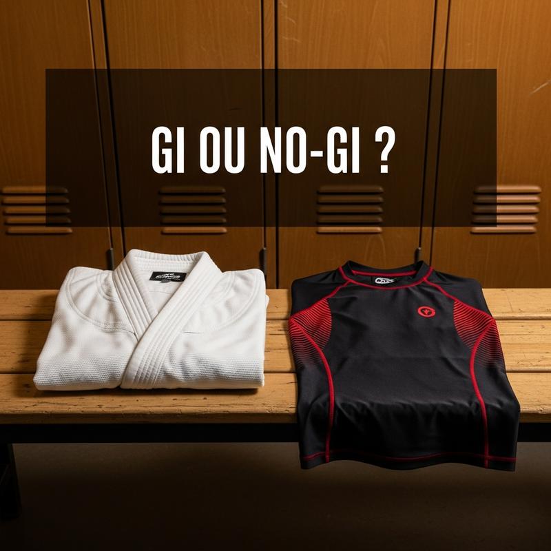 Kimono d'arts martiaux blanc plié et rashguard de compression noir et rouge posés sur un banc en bois, avec le texte Gi ou No-Gi ?
