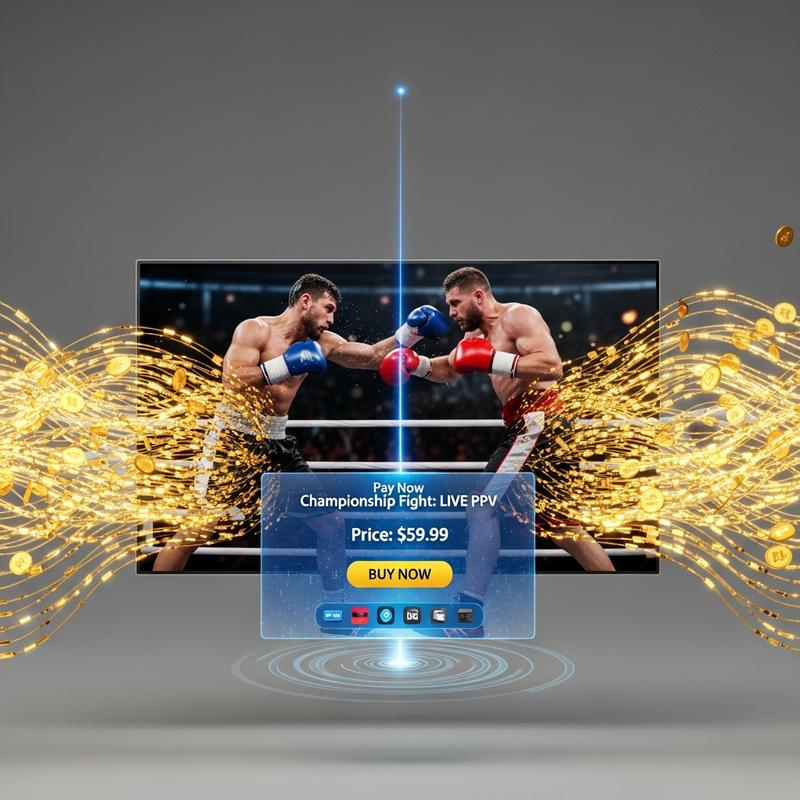 Télévision diffusant un match de boxe générant des flux de données dorés qui se transforment en pièces d'or pour remplir un coffre-fort numérique transparent sur fond futuriste sombre.