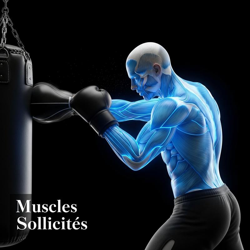 Modèle anatomique 3D d'un boxeur de profil frappant une poire de vitesse, avec les muscles des épaules, triceps et dos illuminés en bleu néon sur fond sombre sous la mention Muscles Sollicités.