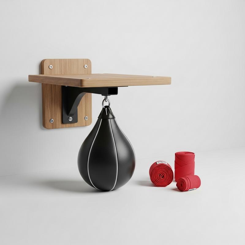 Poire de vitesse en cuir noir sur plateforme en bois avec bandes de boxe rouges. Texte superposé : Équipement Idéal.