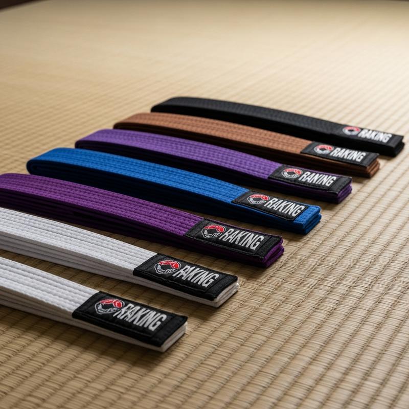 Cinq ceintures de Jiu-Jitsu brésilien alignées sur un tatami texturé dans l'ordre de progression : blanche, bleue, violette, marron et noire, avec leurs barres de grade visibles.