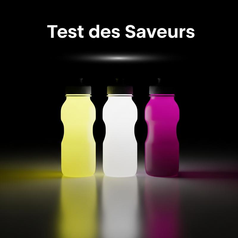 Trois bouteilles de sport stylisées contenant des liquides lumineux jaune, blanc et violet sur fond sombre réfléchissant, avec le texte Test des Saveurs.