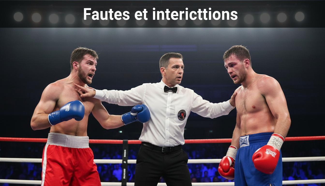 Un arbitre en chemise blanche s'interpose entre deux boxeurs sur un ring pour signaler une faute sous le texte superposé Fautes et interdictions.