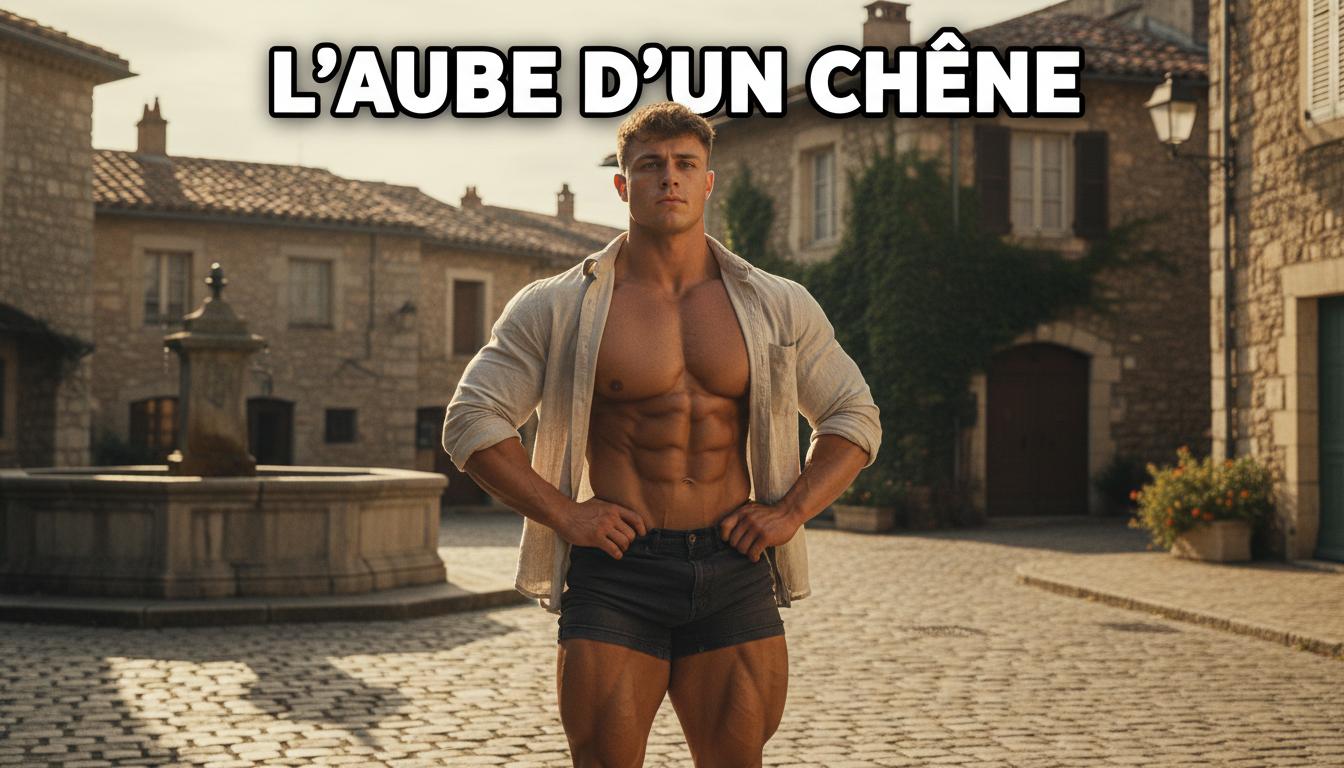 Bodybuilder musclé posant dans un village européen vintage sous une lumière dorée avec le texte L'Aube d'un Chêne en lettres grasses.