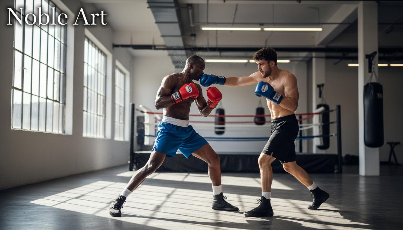 Deux boxeurs en plein sparring dans un gymnase moderne, l'un esquivant un jab avec agilité sous une lumière vive avec l'inscription Noble Art.