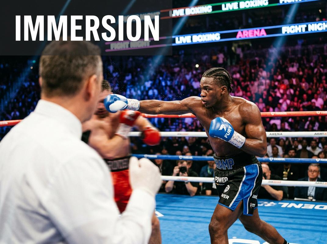 Boxeur noir athlétique lançant un jab technique sur un ring de boxe moderne avec le texte Immersion en surimpression.